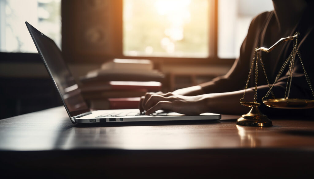 one woman typing on laptop in office generated by ai
